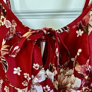Red Floral Tie-Detail Romper -wide leg, spaghetti strap